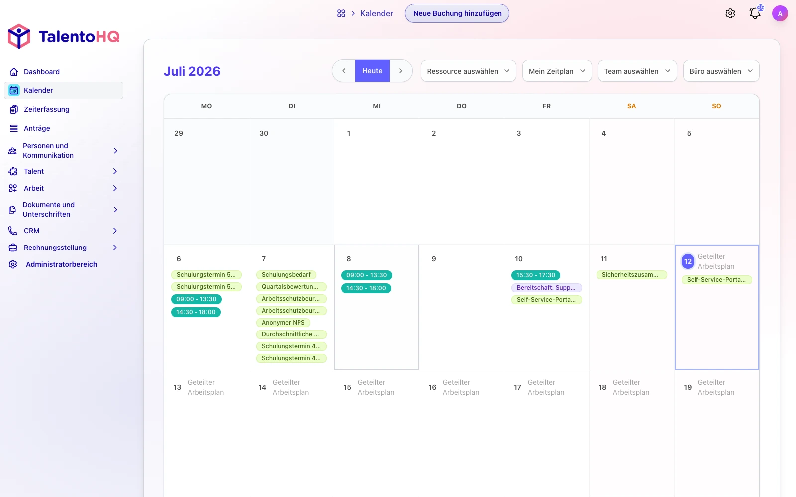 Deutscher TalentoHQ Kalender für Termine und Teamplanung