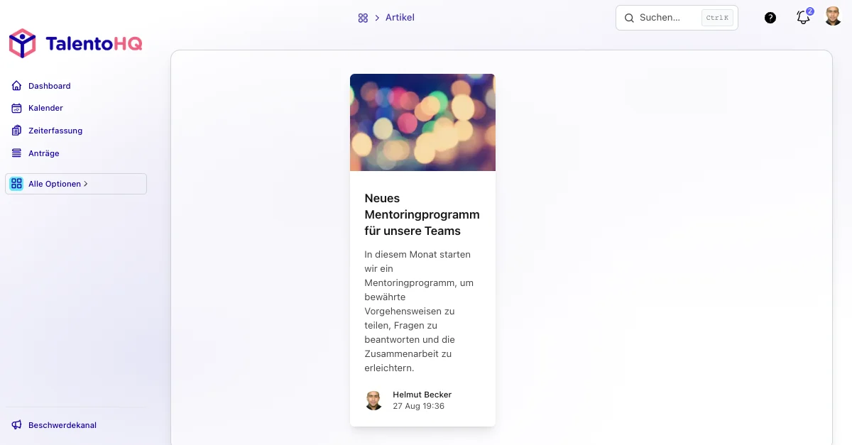 Unternehmensnachrichten im Mitarbeiterportal von TalentoHQ