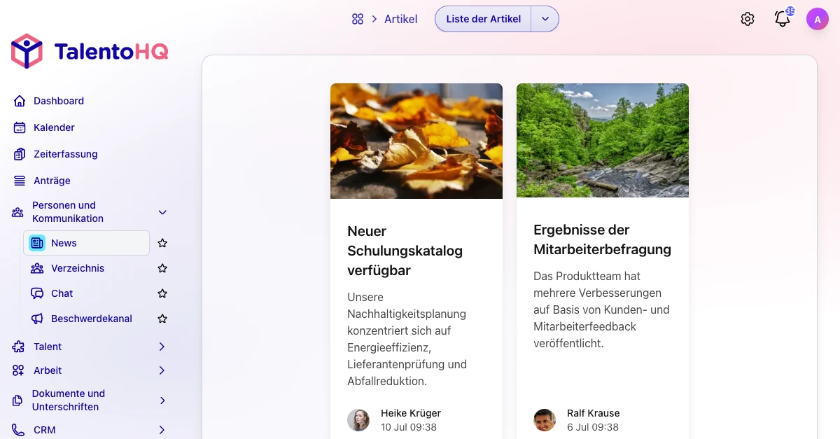 Unternehmensnachrichten im Mitarbeiterportal von TalentoHQ