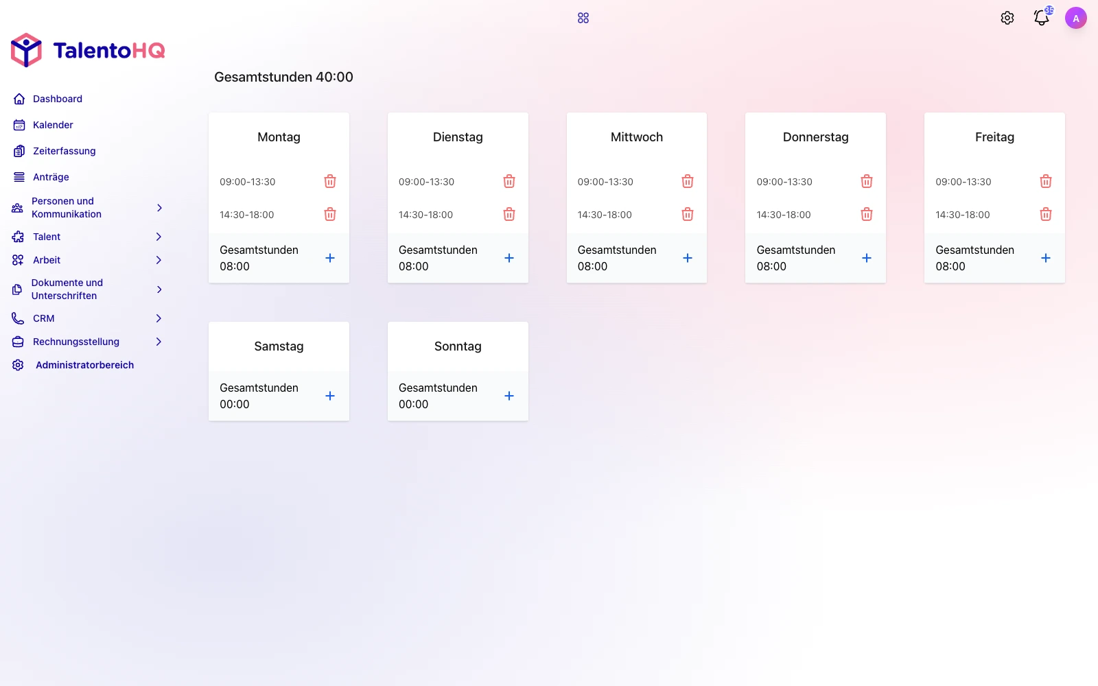 Deutscher Wochenplan in TalentoHQ mit Arbeitszeiten und Schichten