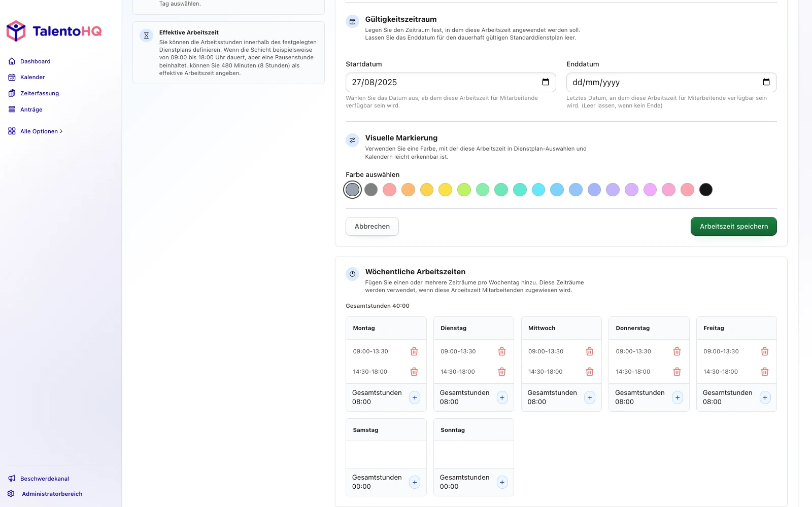 Deutscher Wochenplan mit Arbeitszeiten und Schichten in TalentoHQ