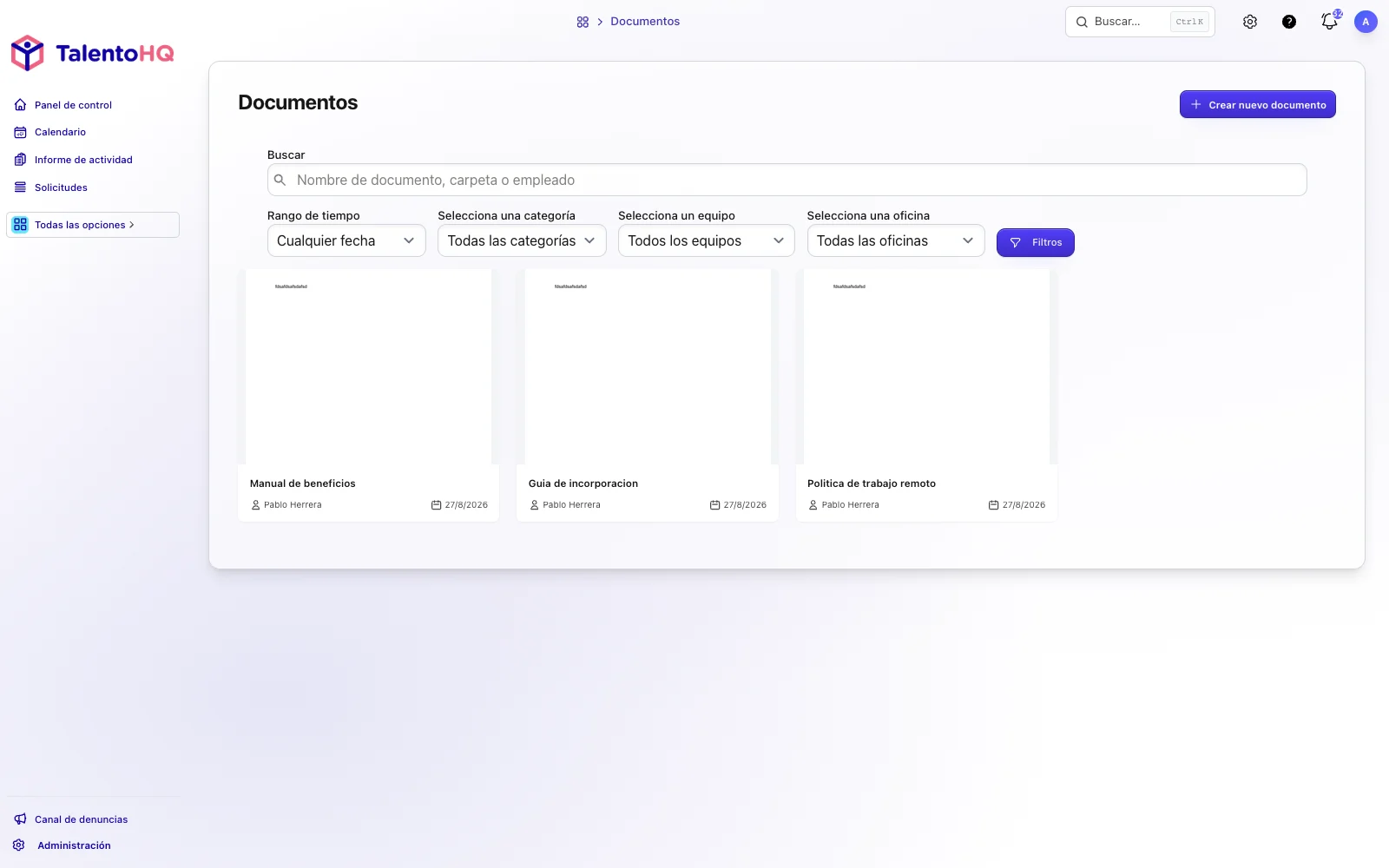 Listado de documentos del equipo en TalentoHQ