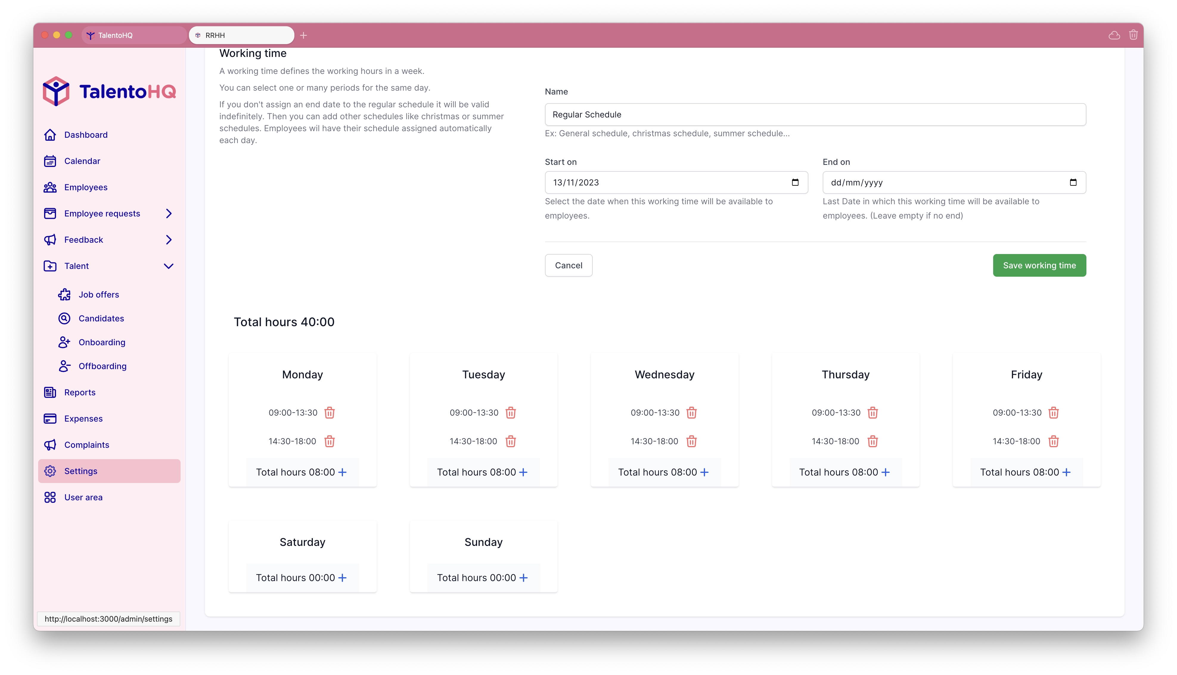 Creation of schedules and shifts