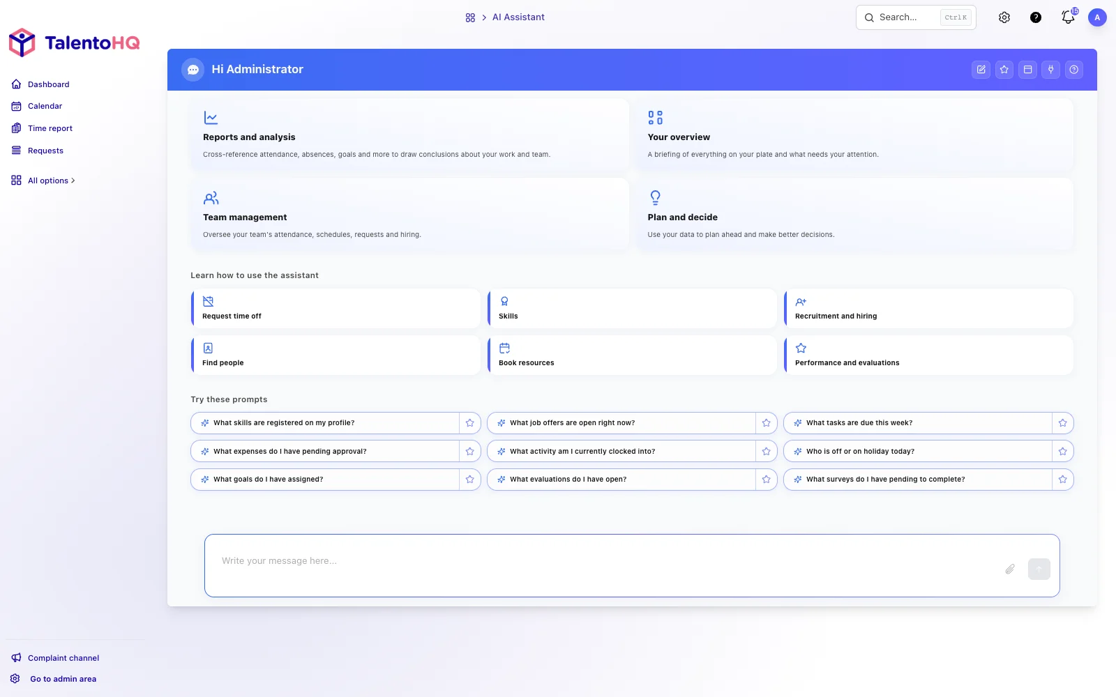 TalentoHQ AI assistant with HR topics and example prompts