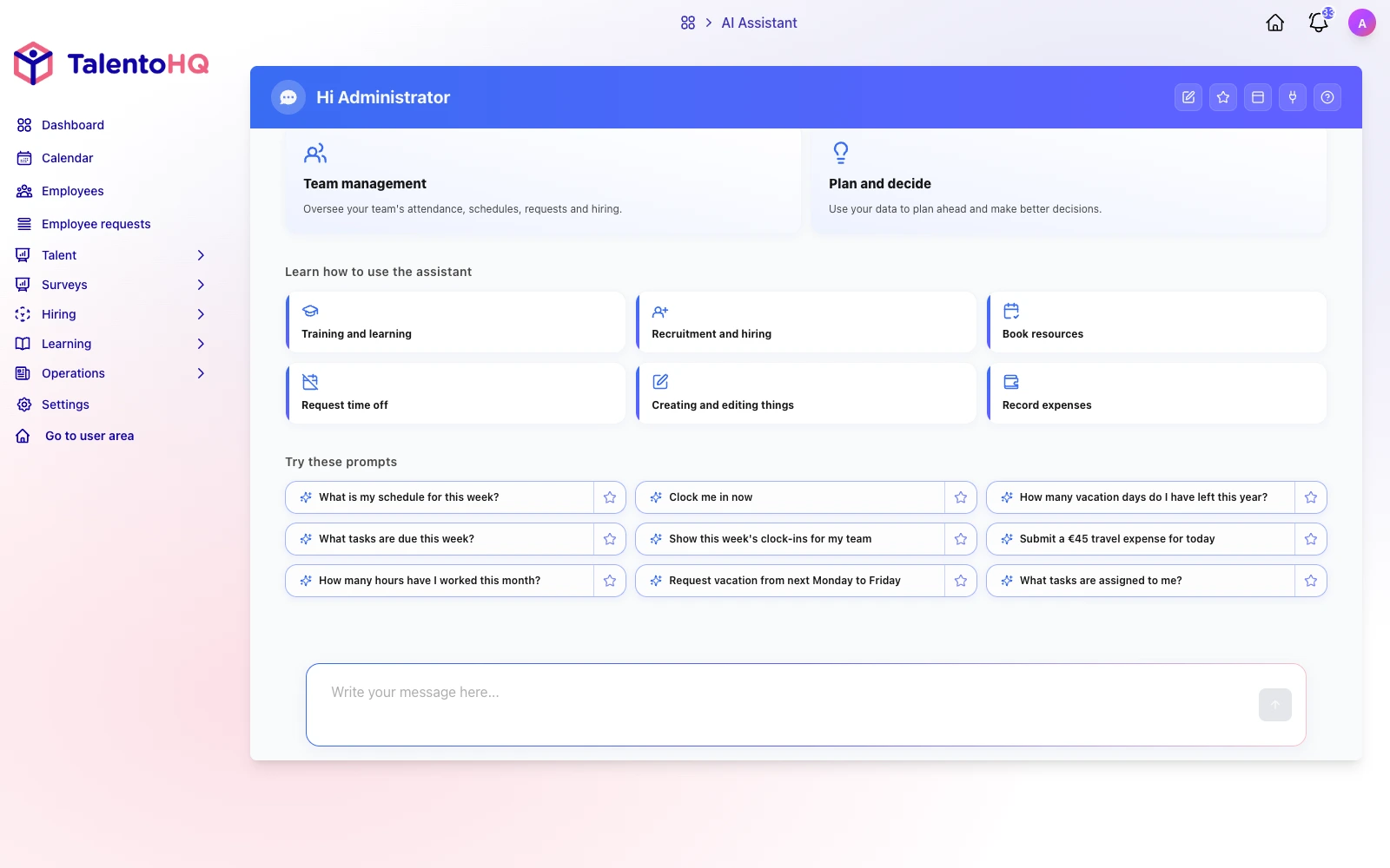 TalentoHQ AI assistant retrieving an employee schedule