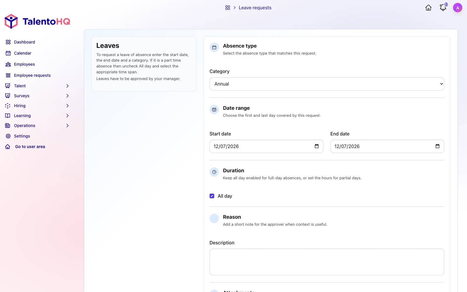 English TalentoHQ screen for submitting an absence request