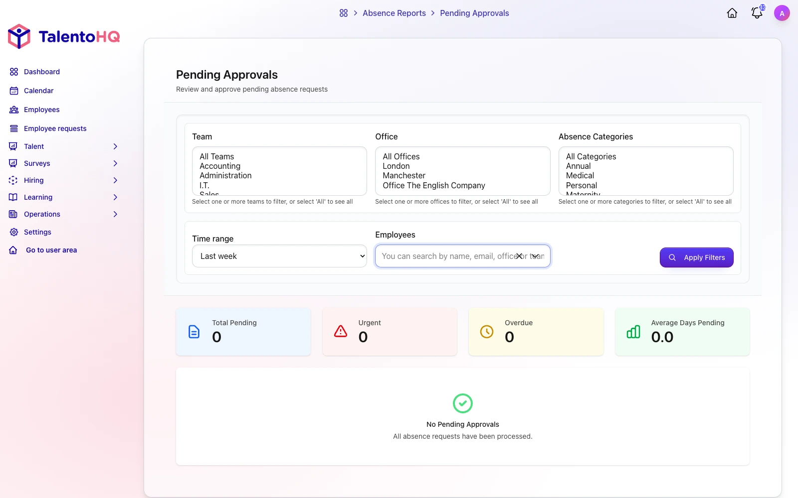 English TalentoHQ screen for reviewing and deciding an absence request
