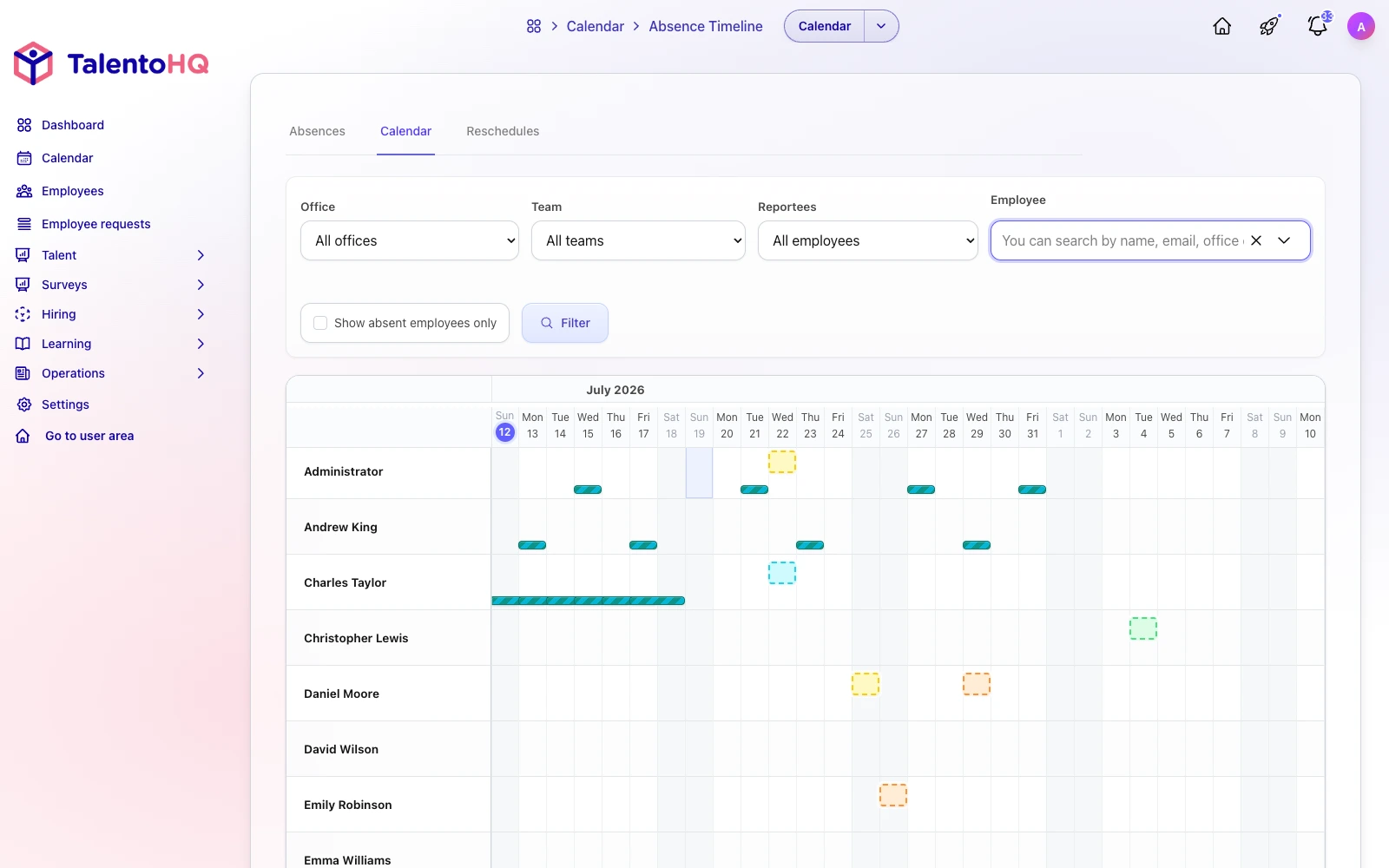 English TalentoHQ team absence calendar for checking overlaps