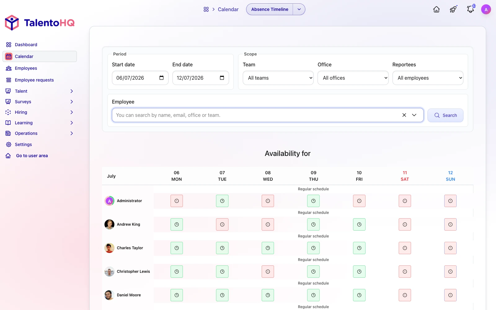 Employee availability planner in TalentoHQ in English