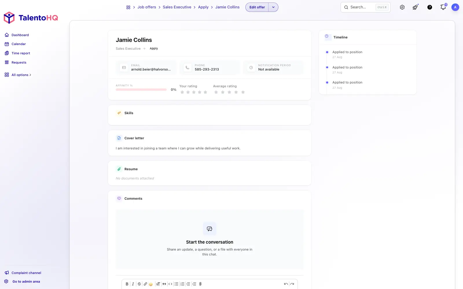 Candidate record and hiring process in TalentoHQ