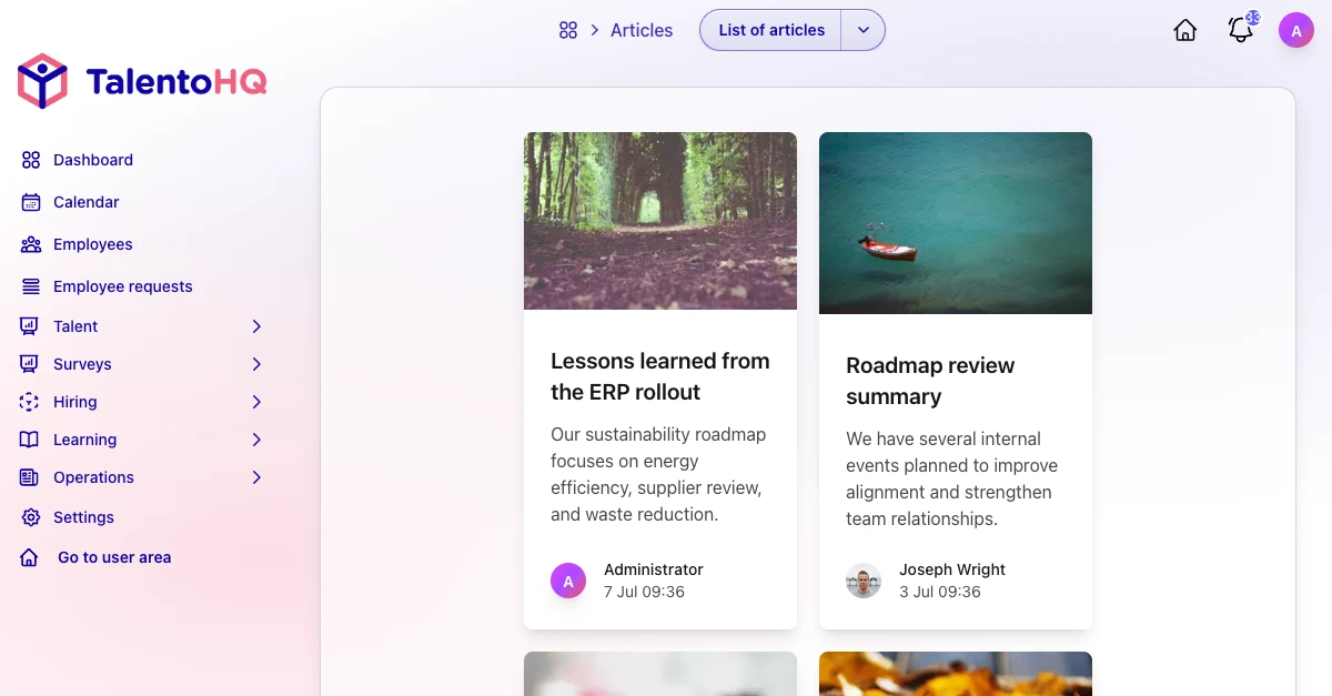 Company news and announcements in the TalentoHQ employee portal