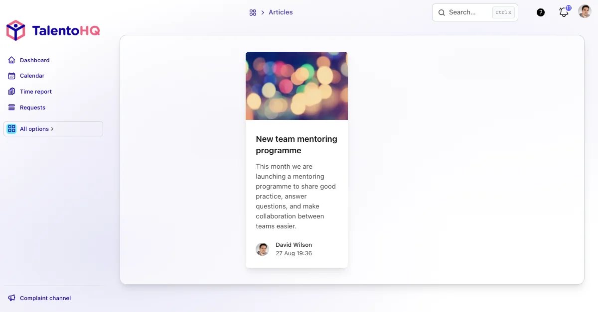 Company news and announcements in the TalentoHQ employee portal