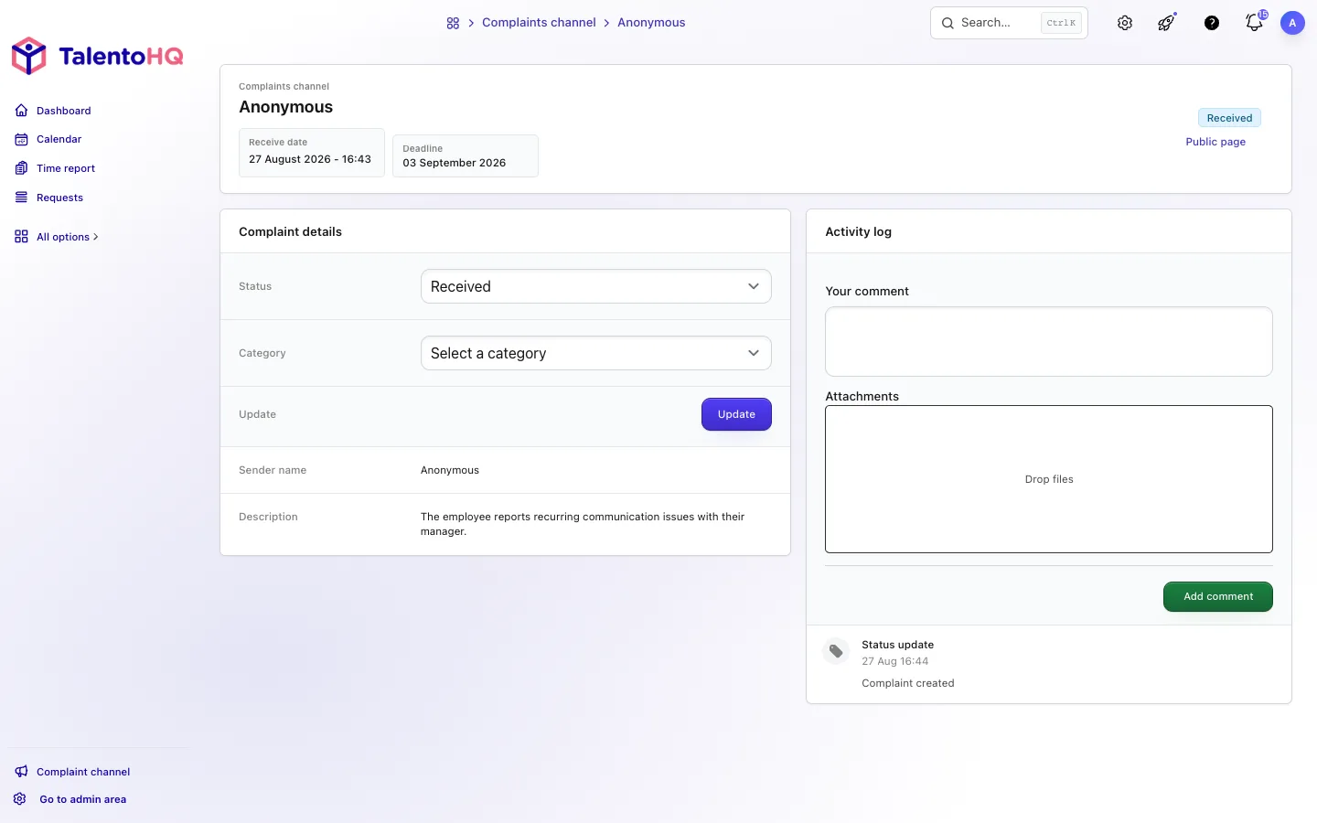 English whistleblowing case with status, comments, and activity history in TalentoHQ