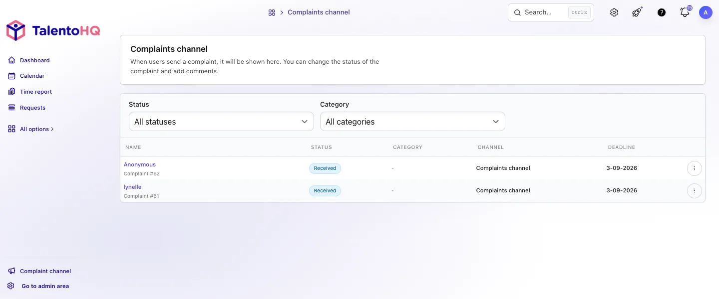 English internal whistleblowing inbox with status and category filters in TalentoHQ