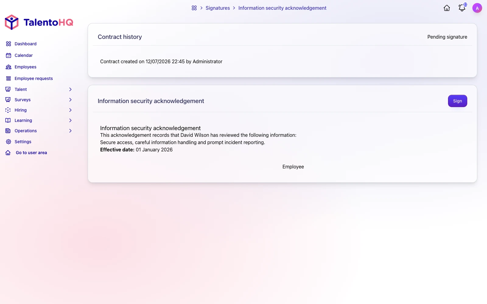English TalentoHQ document-signature workflow that can record employee acknowledgment
