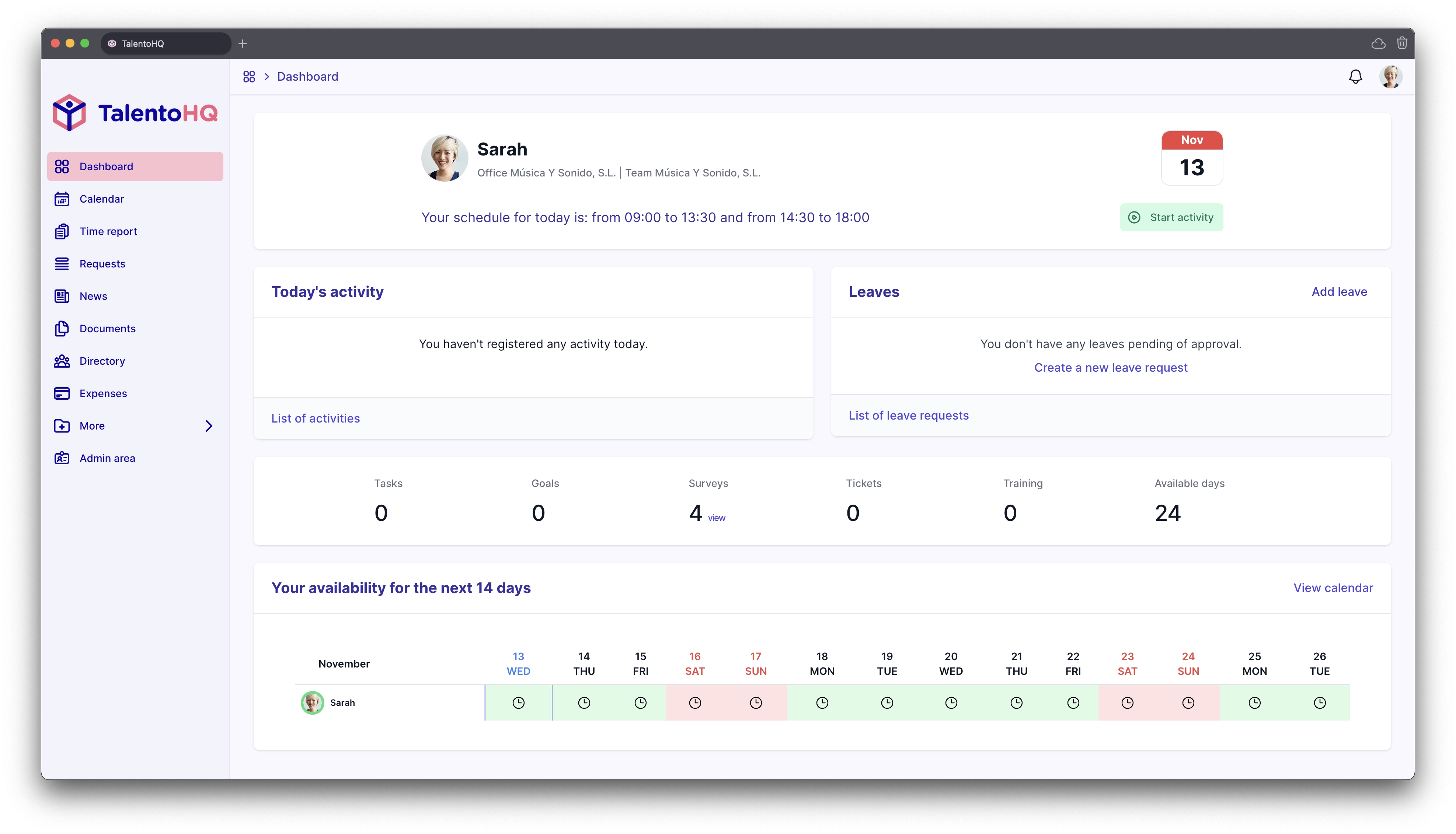 TalentoHQ dashboard with access to connected HR processes
