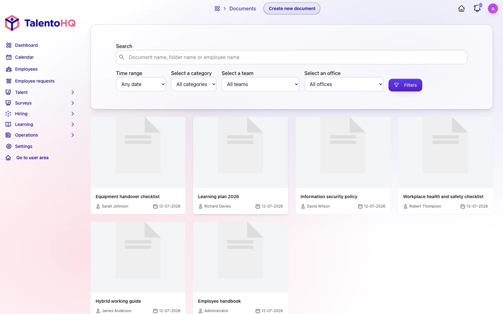 Document list in TalentoHQ in English