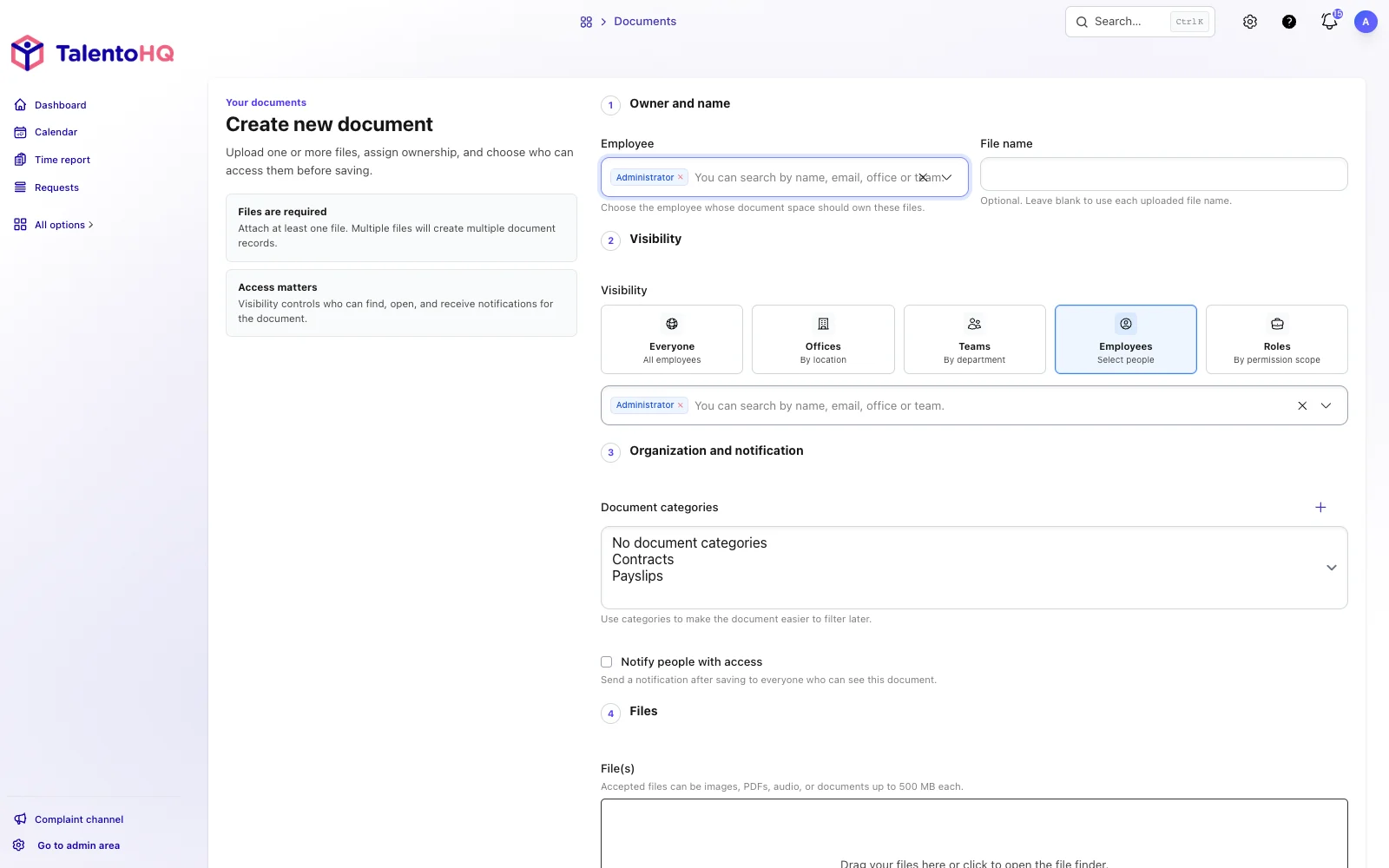English TalentoHQ document upload form with ownership, visibility, and category controls