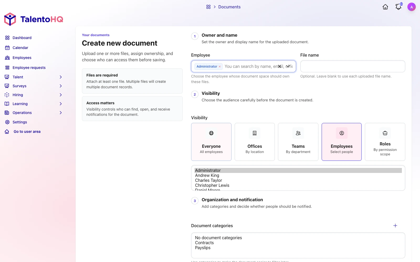 Document upload and visibility settings in TalentoHQ in English