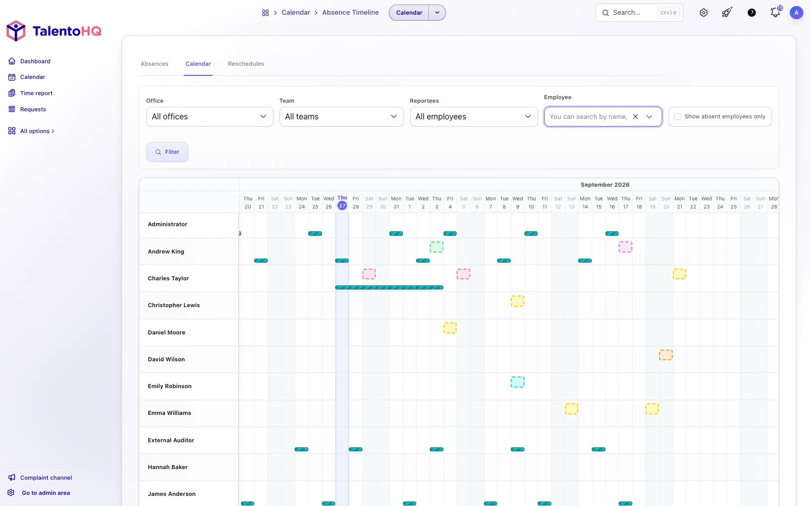 English team availability calendar in TalentoHQ