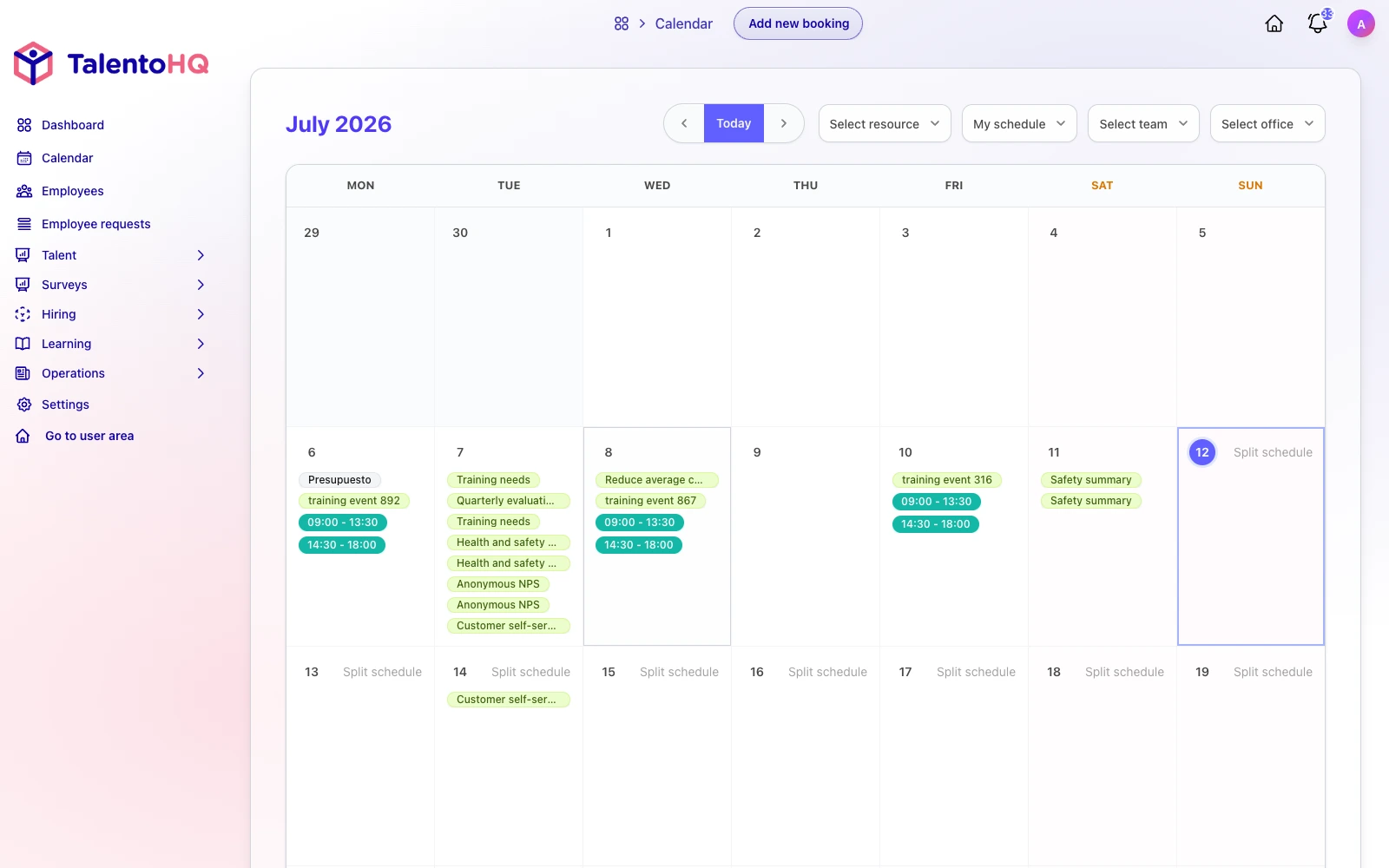 English employee calendar in TalentoHQ