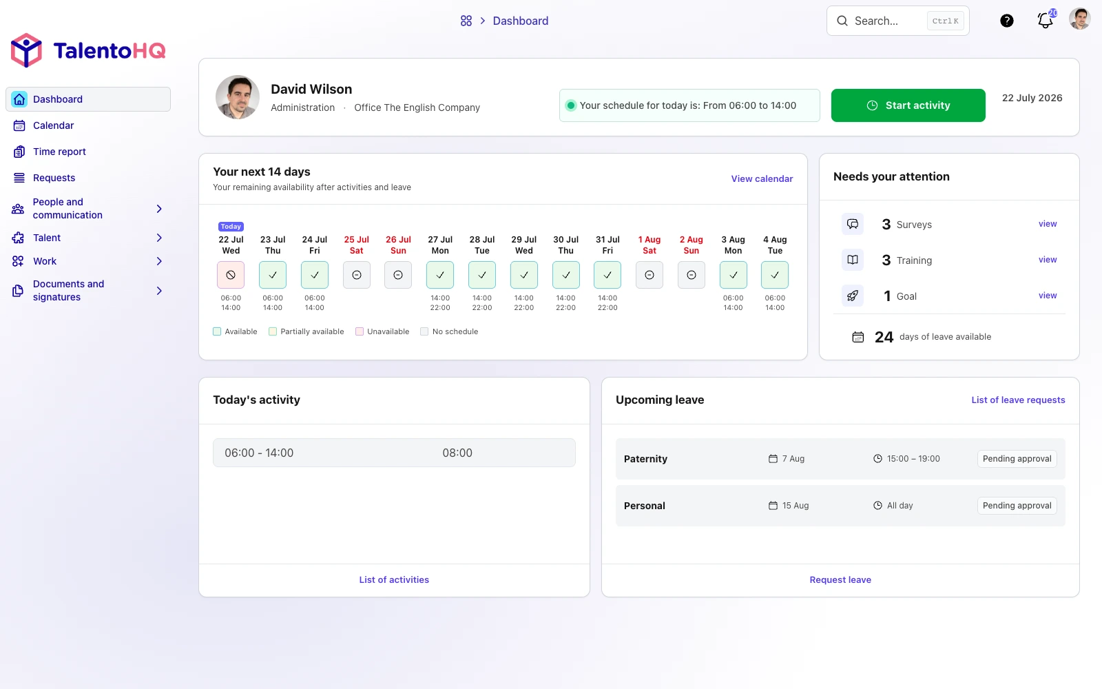 Employee dashboard in TalentoHQ in English