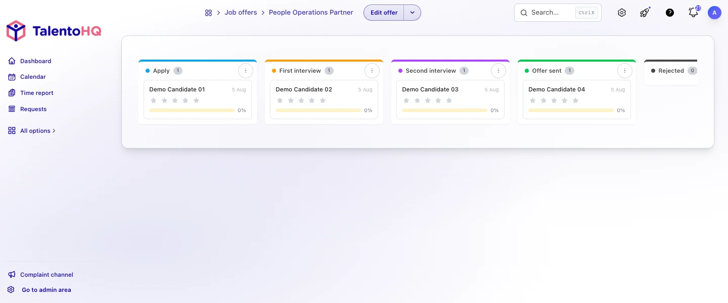 English recruitment pipeline with synthetic demo candidates in TalentoHQ