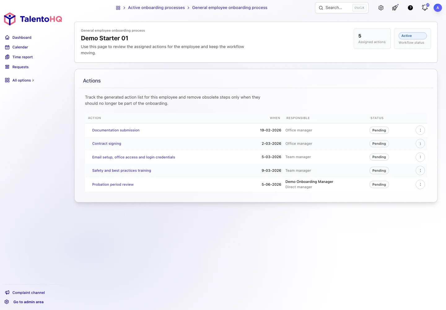English onboarding action plan with synthetic demo records in TalentoHQ