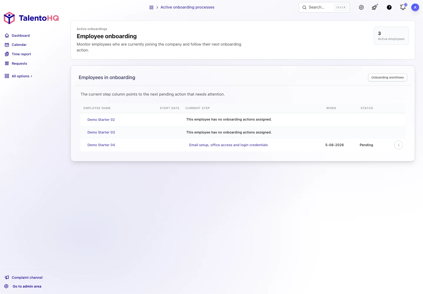 English list of active onboarding processes in TalentoHQ