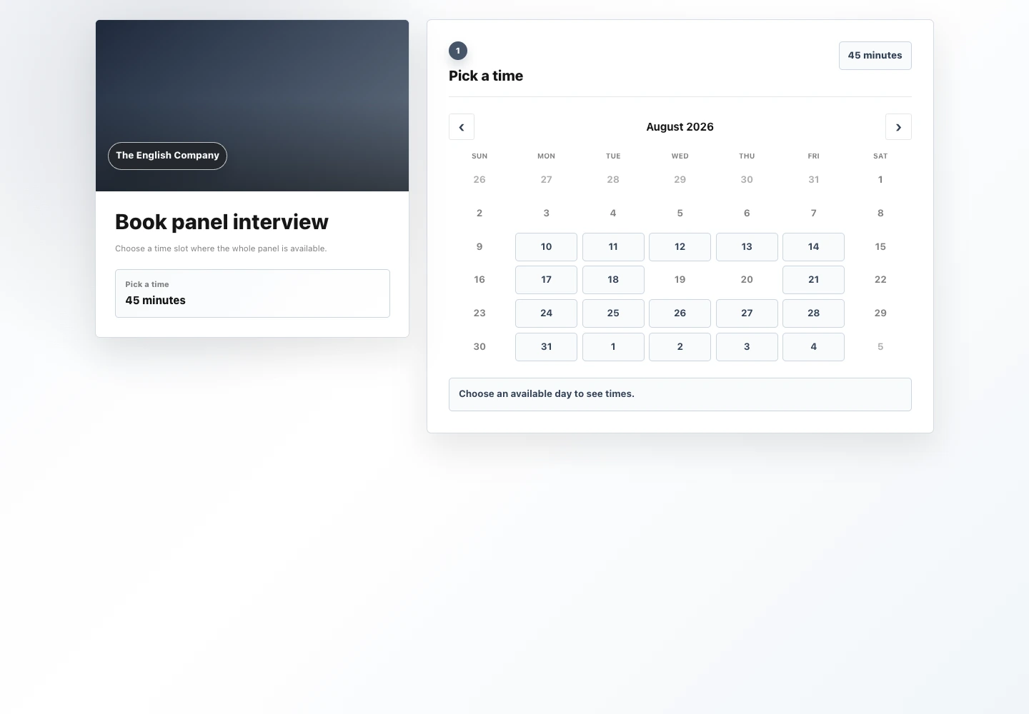 English public booking calendar for choosing an available appointment