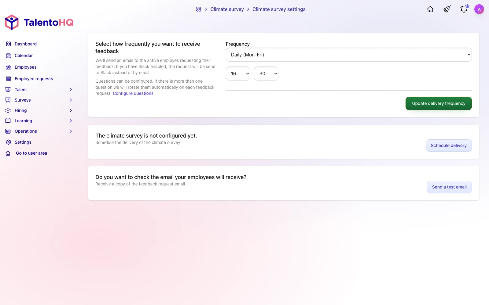 Workplace climate survey configuration and distribution in TalentoHQ