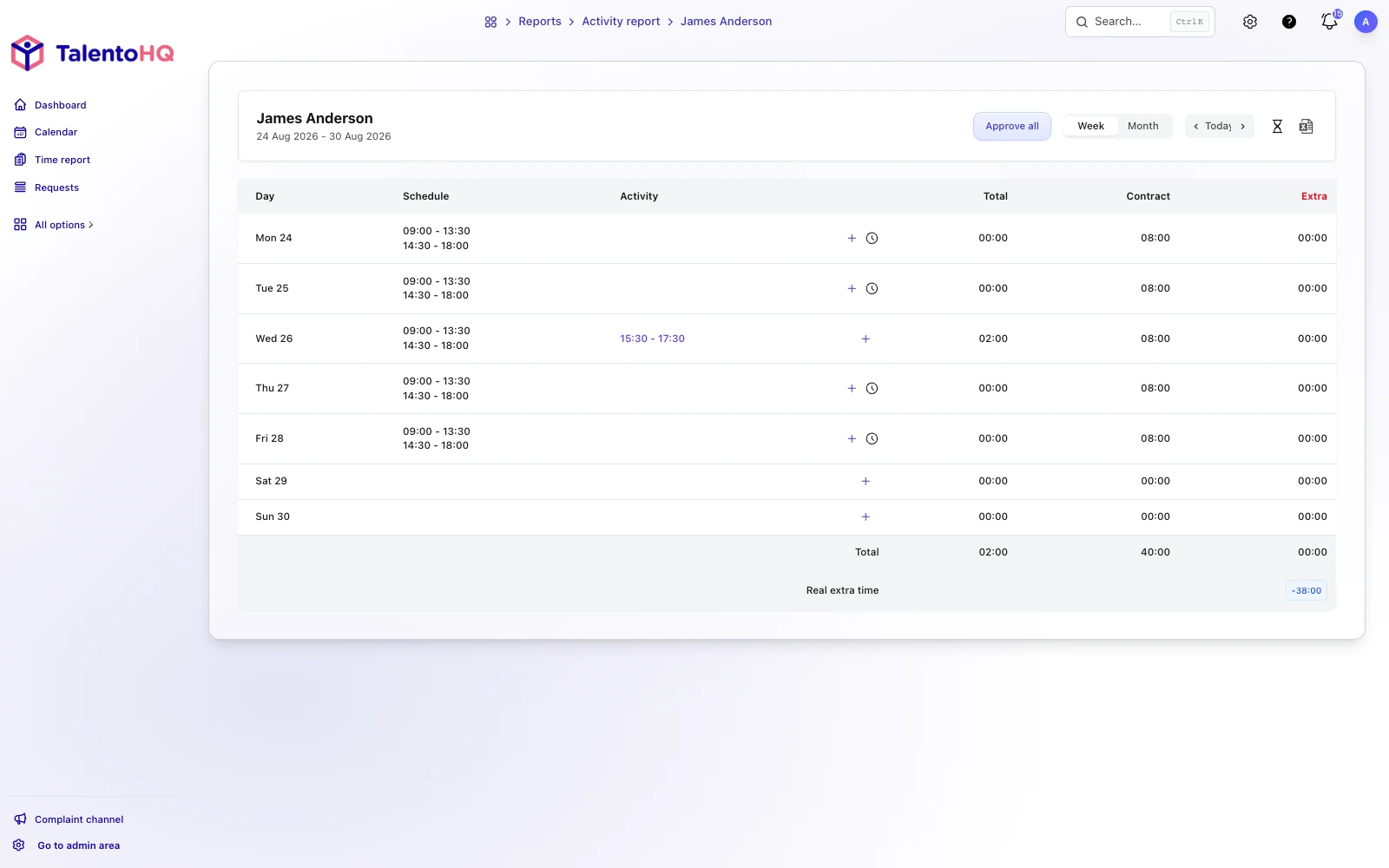 English TalentoHQ working-time review screen
