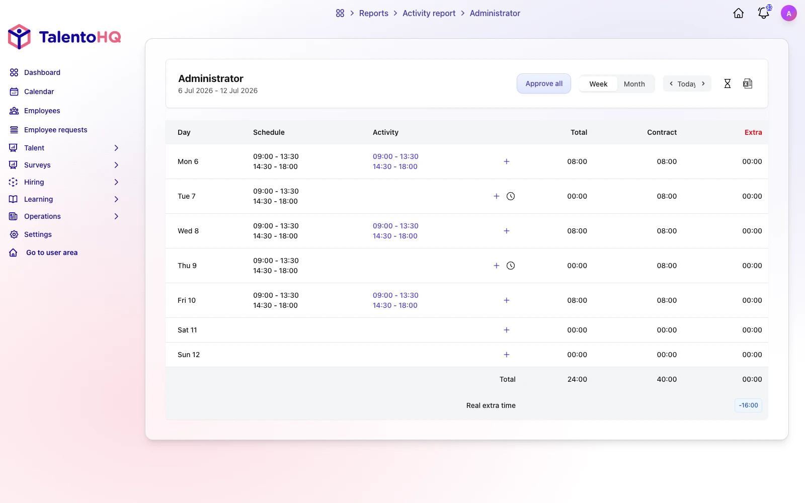 English TalentoHQ screen for reviewing working-time entries and incidents