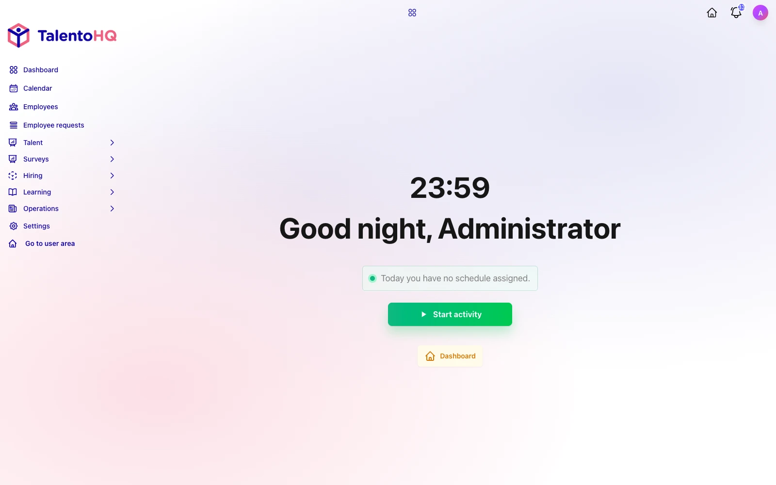 English TalentoHQ screen for starting a working-time entry