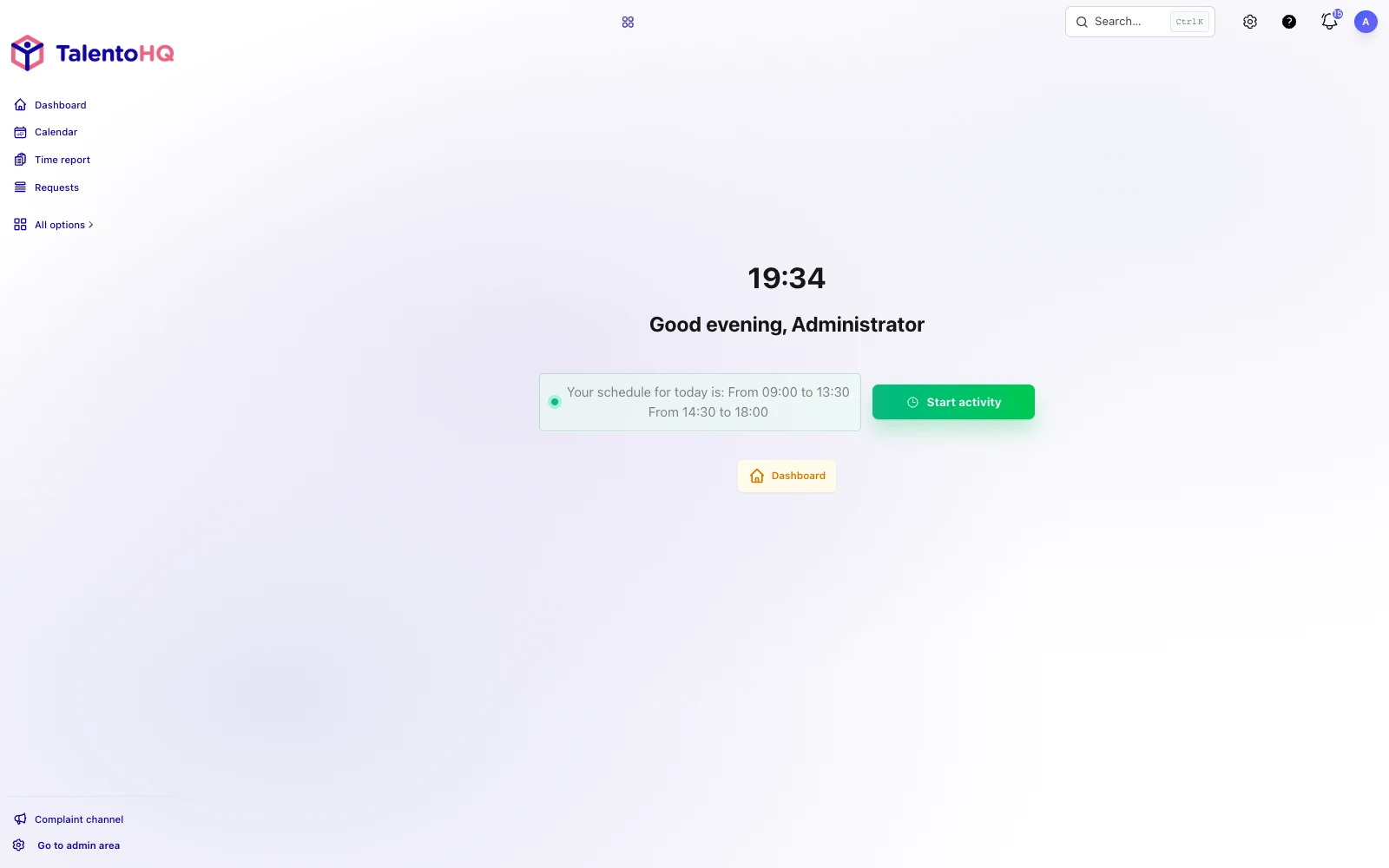 English TalentoHQ screen for starting a time entry from a shared device