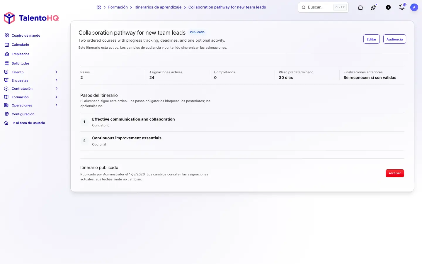 Published TalentoHQ learning path configuration with two ordered courses, a deadline, and credit for earlier completions