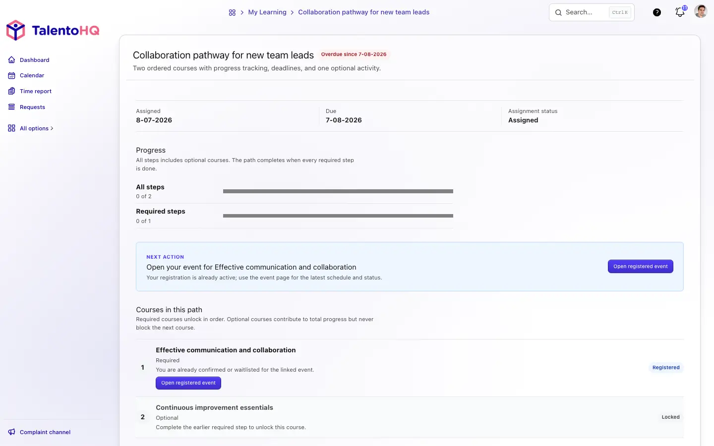 TalentoHQ employee learning path with deadline, progress bars, next action, and one locked course