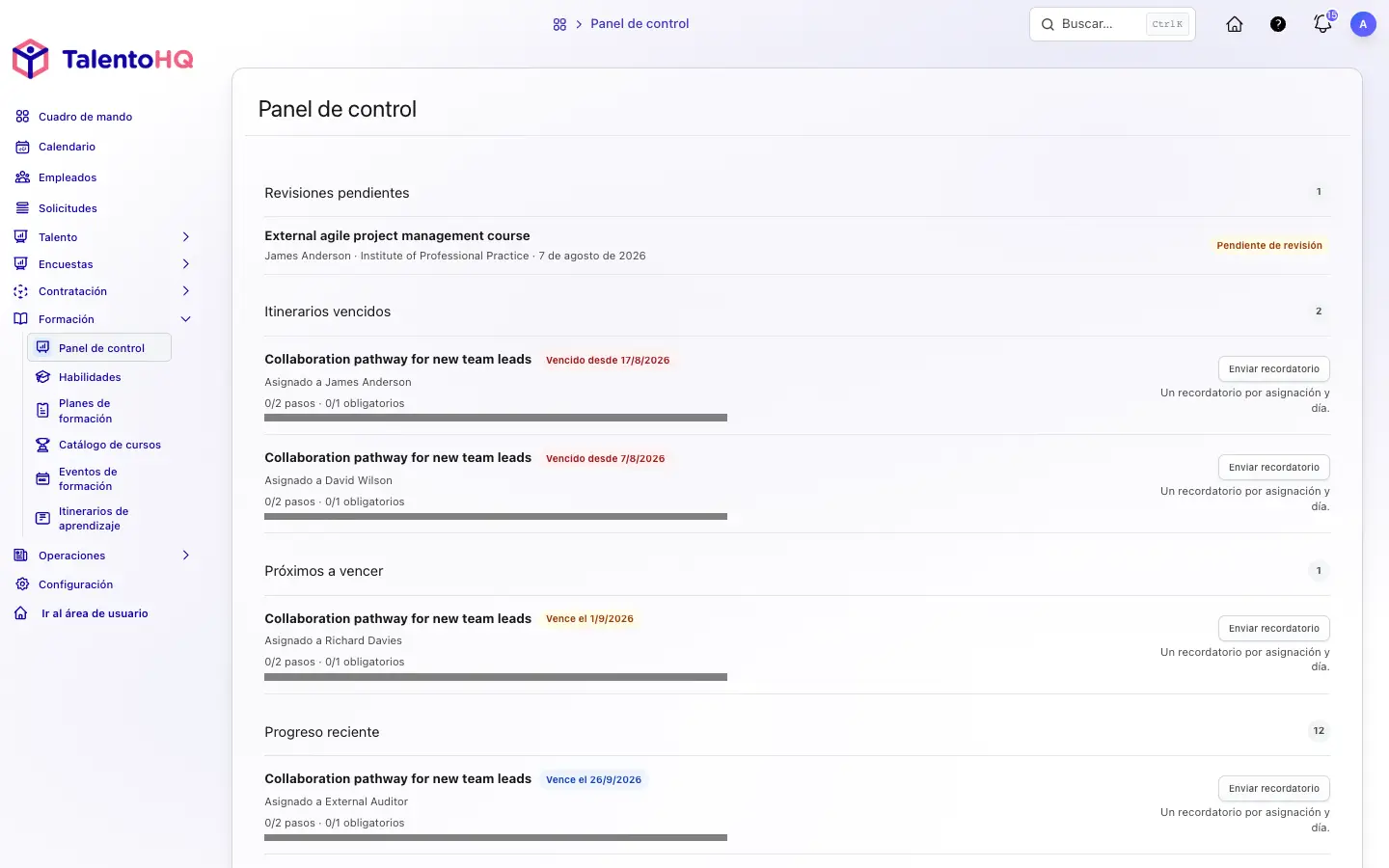 TalentoHQ manager dashboard with overdue learning paths, upcoming deadlines, recent progress, and reminders
