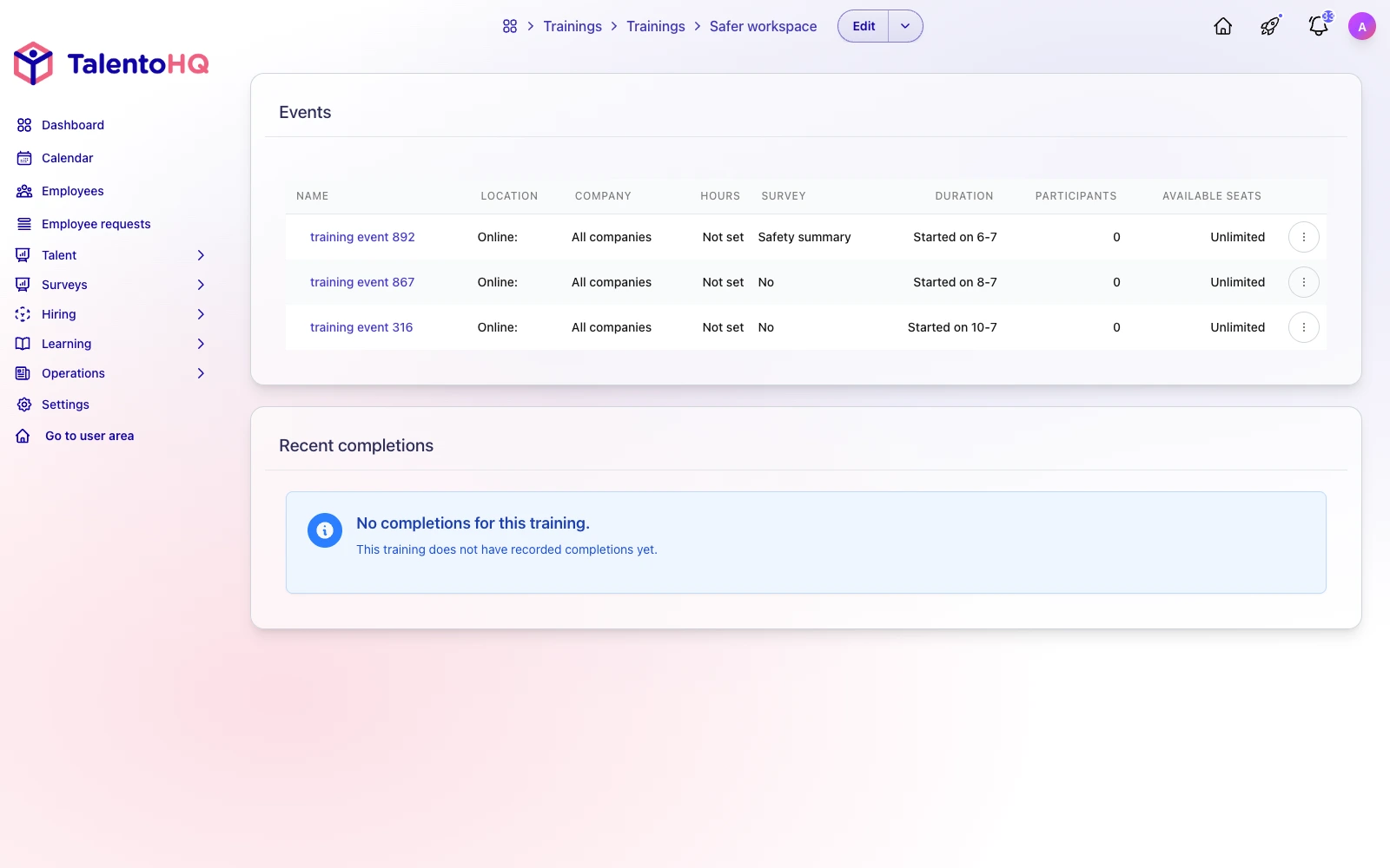 Training course detail with learning content in TalentoHQ in English