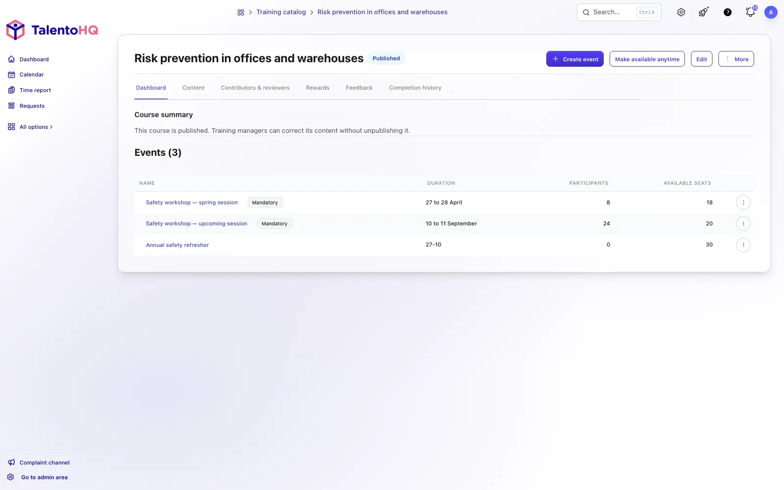 Training course detail with learning content in TalentoHQ in English