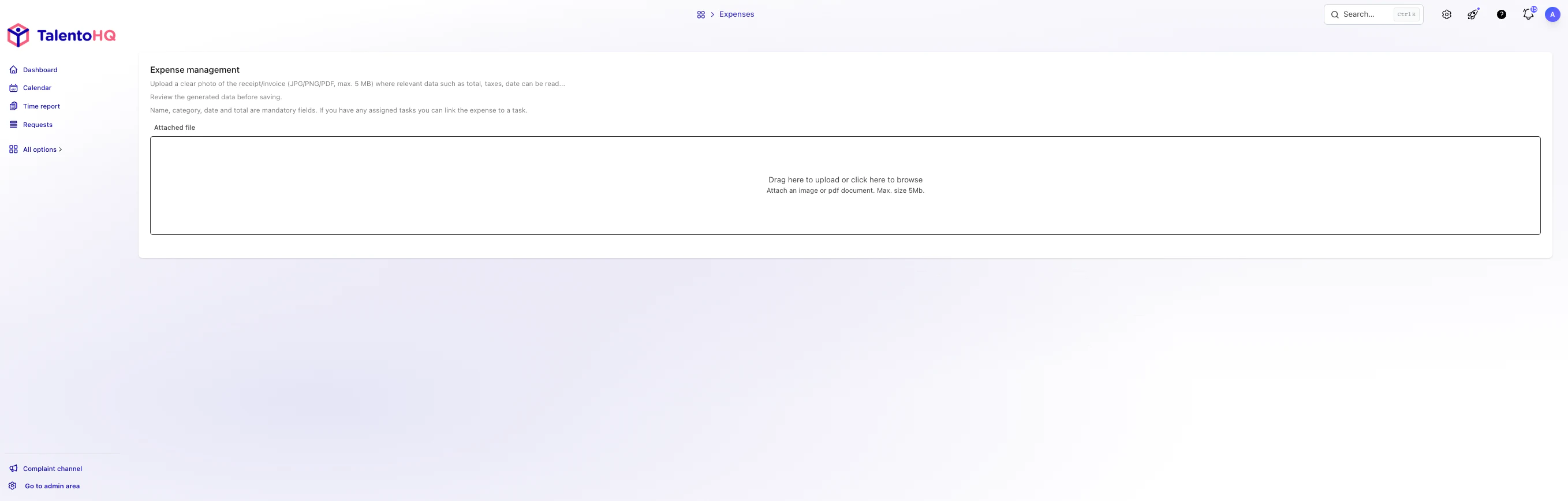 English receipt upload form for automatic expense entry in TalentoHQ