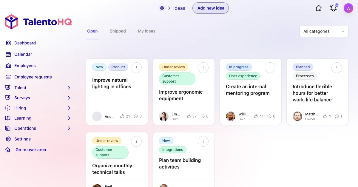Employee ideas in the TalentoHQ portal