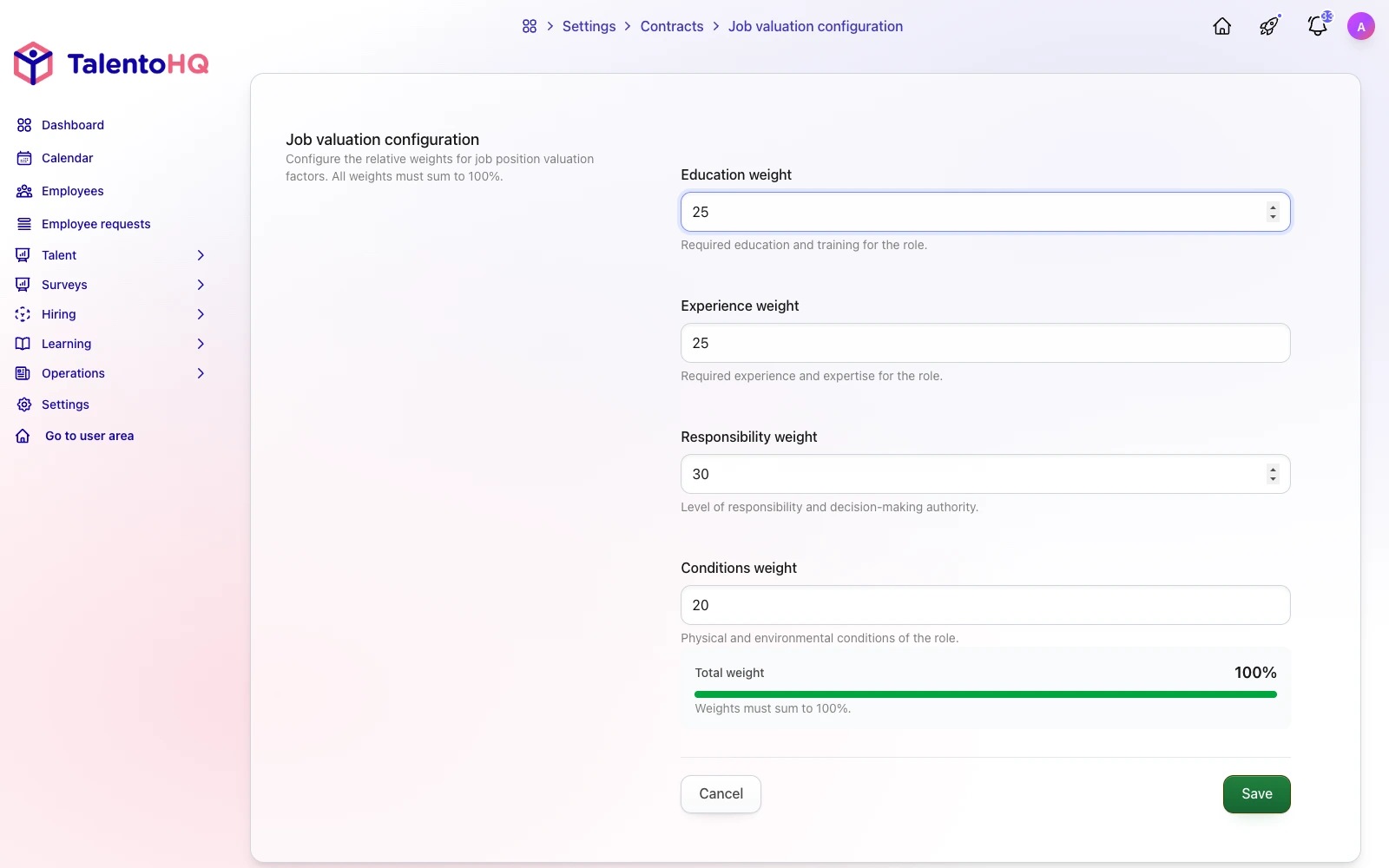 Job evaluation in TalentoHQ: objective scoring with 4 weighted factors