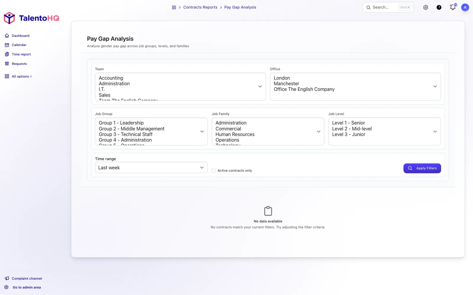 Pay gap report in TalentoHQ: automatic alerts, statistics, and breakdown by group and gender