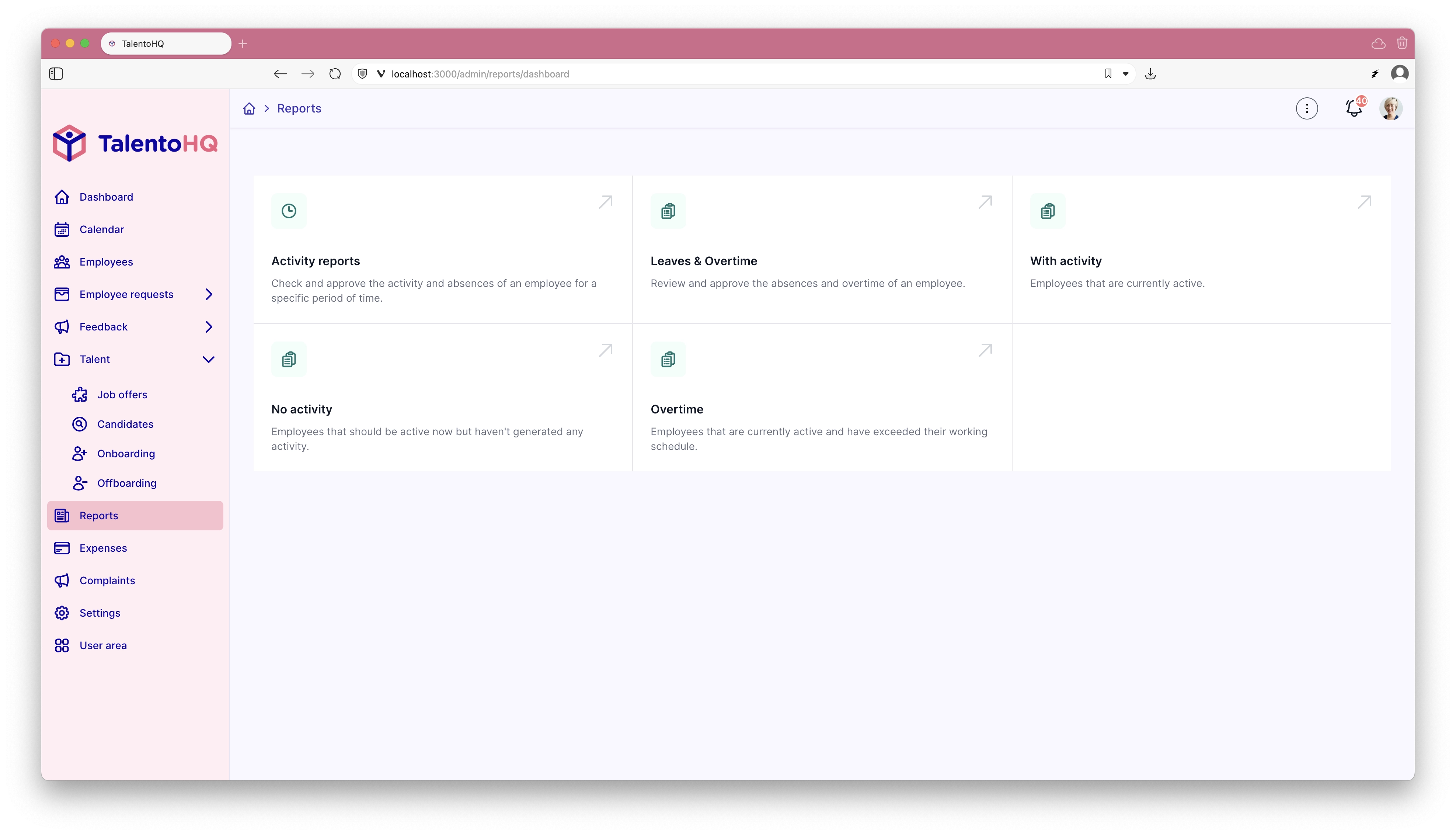 English TalentoHQ activity reports for periodic working-time review