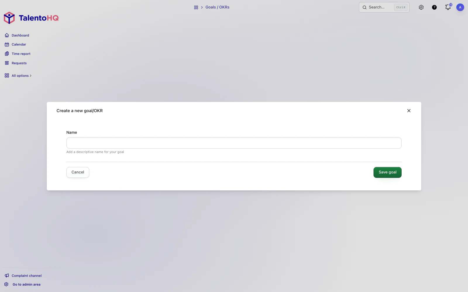 TalentoHQ form for creating an objective with owners, dates and metrics