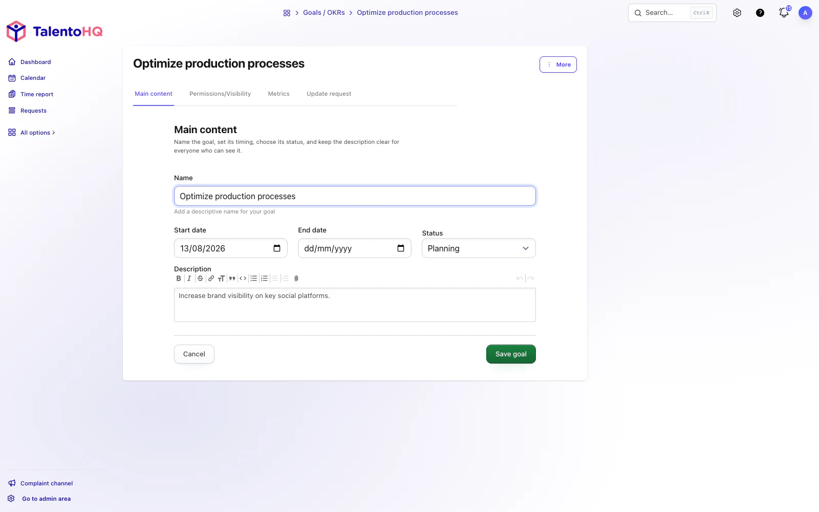 English goal editor with dates, status, and metrics in TalentoHQ