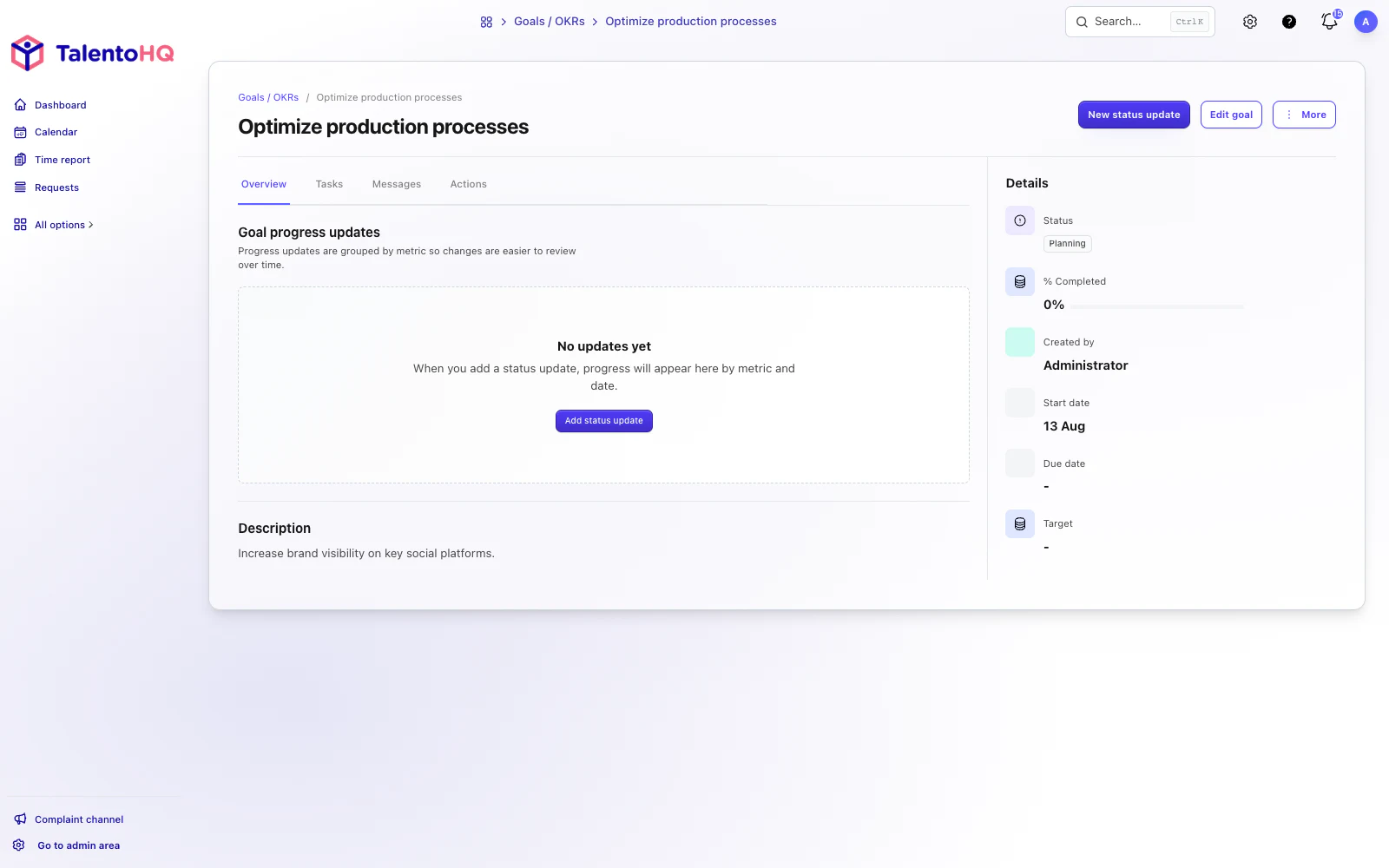 English goal detail with progress updates, status, and dates in TalentoHQ