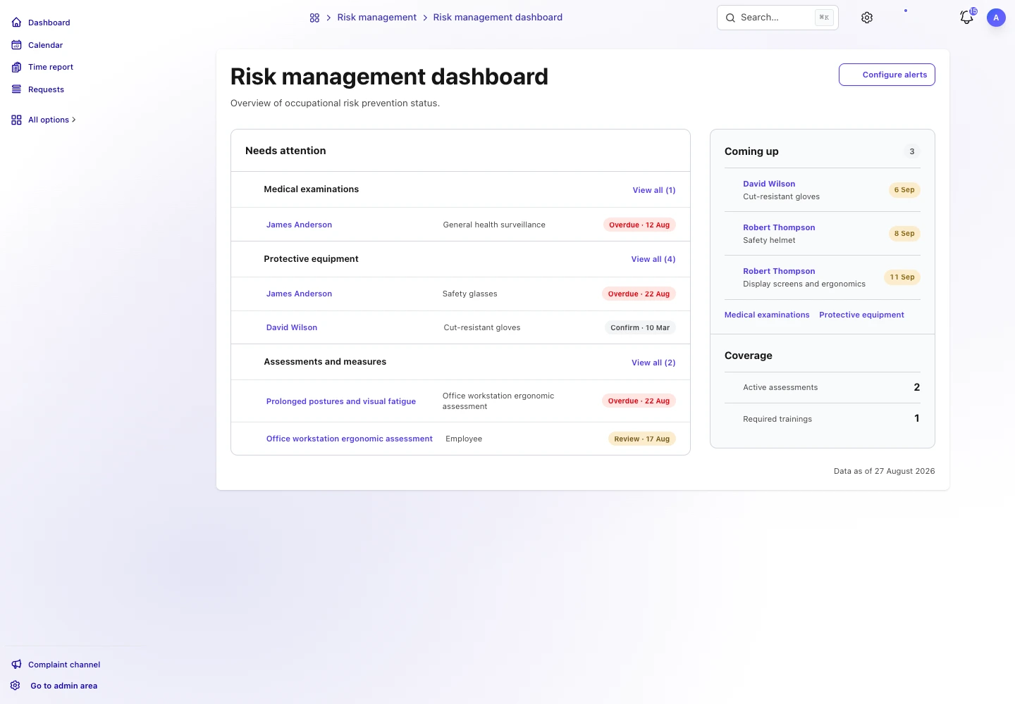 TalentoHQ occupational risk dashboard with one overdue and one upcoming medical examination