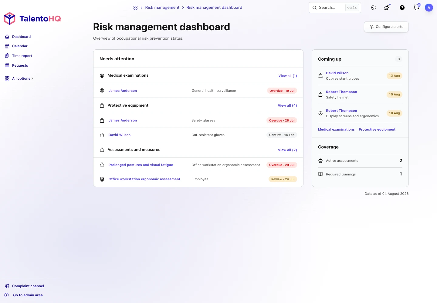 TalentoHQ occupational risk dashboard with expired PPE, pending acknowledgments, and upcoming expiration dates